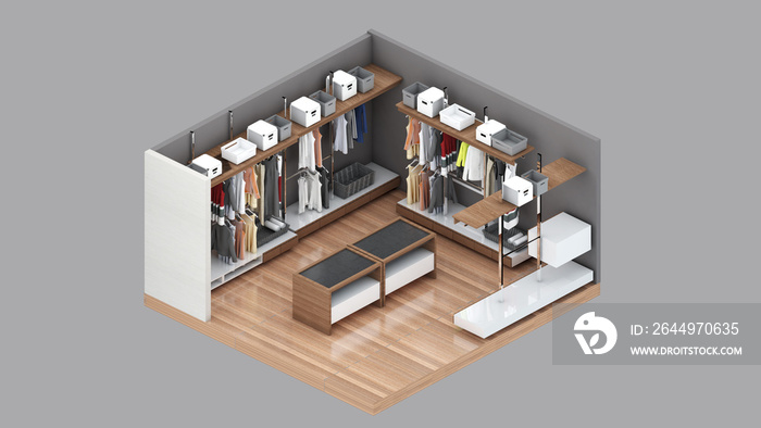 Isometric view of a closet,walk in closet, 3d rendering.