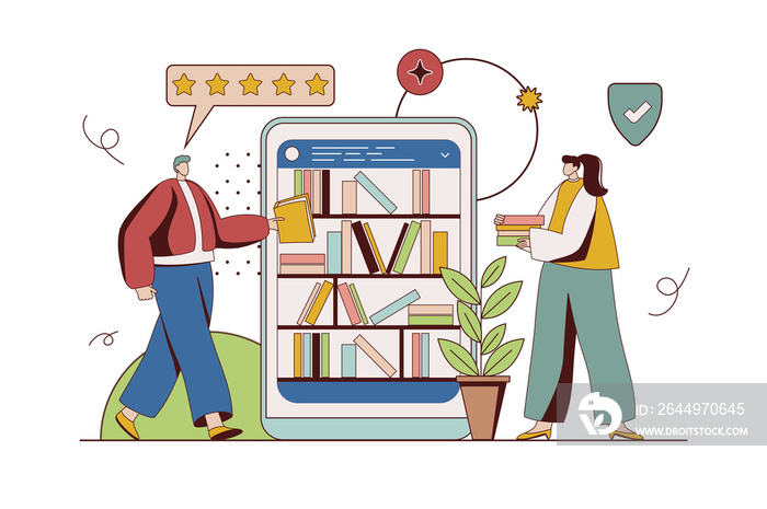 Online library concept with character situation in flat design. Man and woman read e-books and buy books online in bookstores in mobile application. Illustration with people scene for web