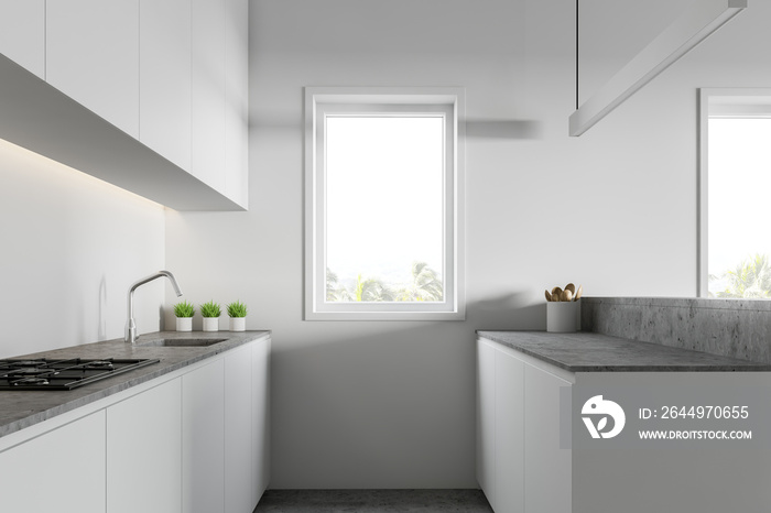 Loft white kitchen with countertops and island