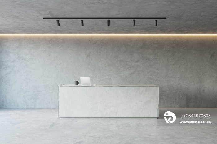 Front view on modern minimalistic reception desk with modern laptop in empty loft style area and dark lamp on ceiling. 3D rendering