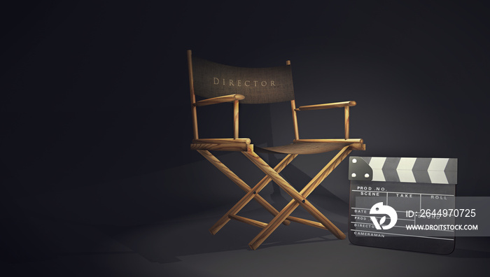 Directors movies concept with a chair and a clapperboard under the spotlight. A 3D rendering symbol of movies, with dark black background