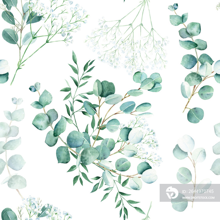 Seamless watercolor pattern with eucalyptus, gypsophila and pistachio branches on white background. Can be used for wedding prints, gift wrapping paper, kitchen textile and fabric prints.