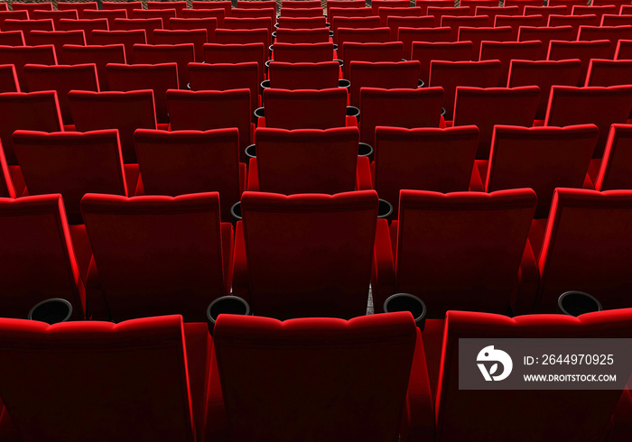 Rows of red velvet seats watching movies in the cinema with copy space banner background. Entertainment and Theater concept. 3D illustration rendering