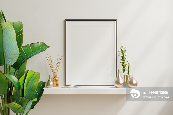 Interior poster mock up with vertical empty black frame,Scandinavian style.