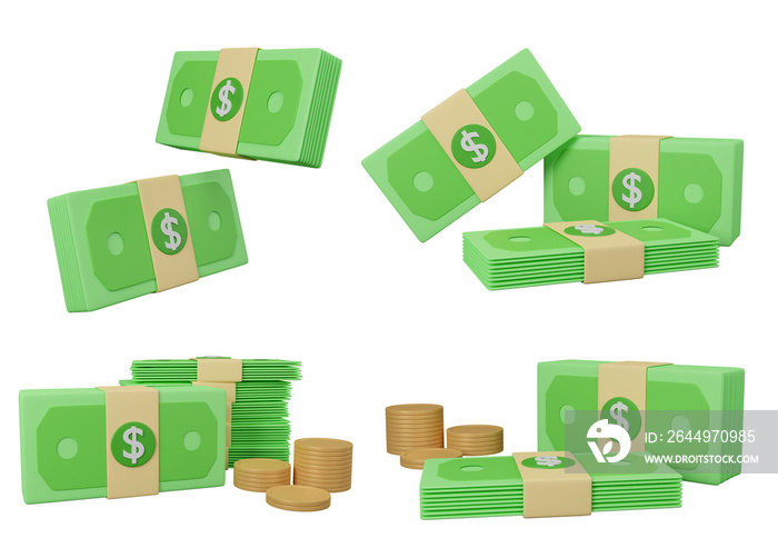 3d render money icon set. green dollars on isolated  white background. paper bills, stack of currency banknotes. Business and finance, piles