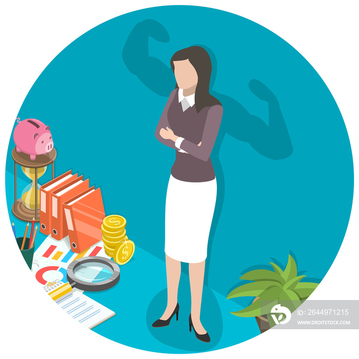 3D Isometric Flat Vector Conceptual Illustration of Successful Confident Woman, Businesswoman Leader.