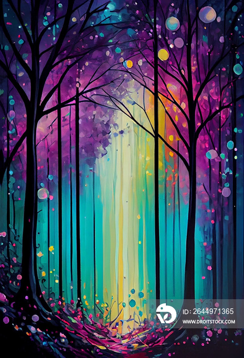 Enchanted Forest with Vibrant Colors and Sparkling Light Background