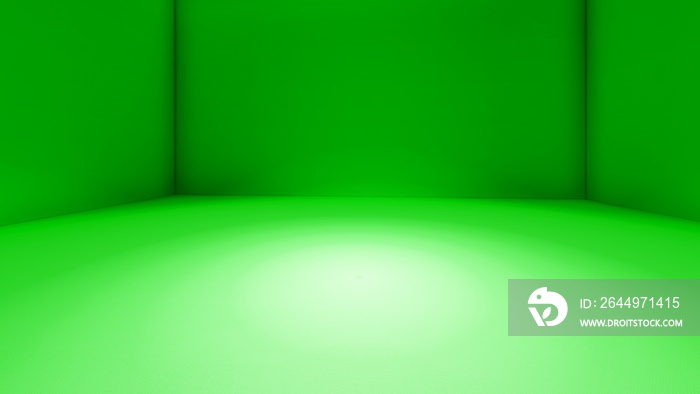 Blank green display on green background with minimal style and spot light. Blank stand for showing product. 3D rendering.