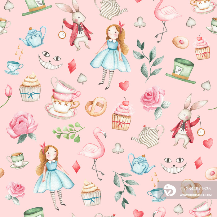 ALice in wonderland Watercolor illustration seamless  pattern