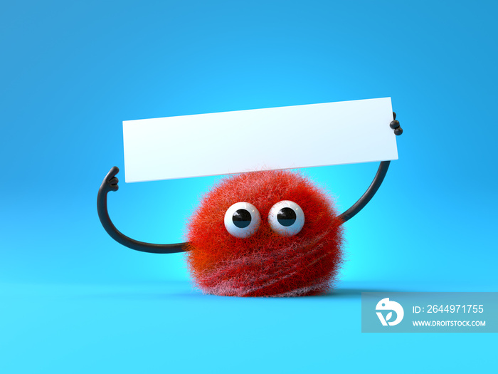 3d cute monster holding up a blank sign,colorful cartoon character,empty banner