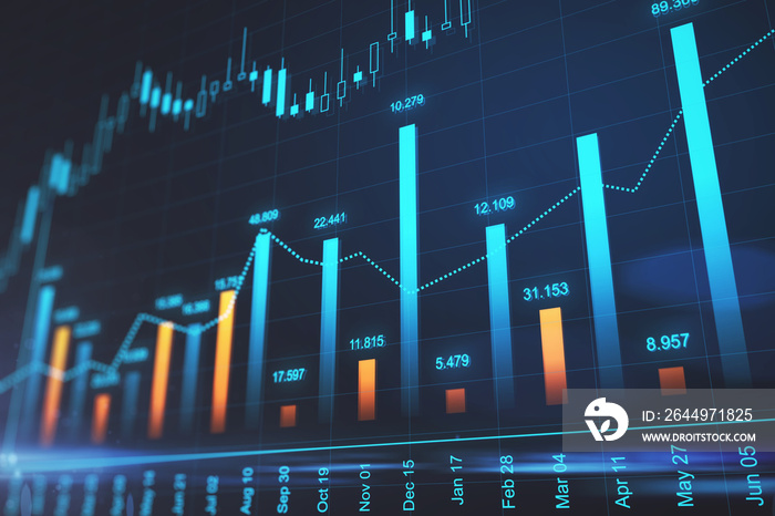 Stock market concept with digital glowing financial graphs and diagram on dark background