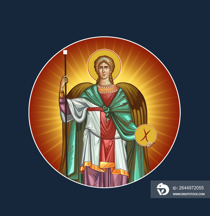 The archangel Michael. Prince of Heavenly Host. Illustration in Byzantine style. Round element for design isolated