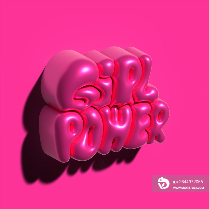 Raster 3d modeling clay words - Girl power. Realistic metallic 3d render lettering on pink background. Creative monochrome colorful design. Children cartoon style.
