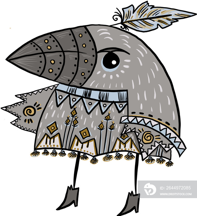 raven bird with doodle ornament in an ethnic style