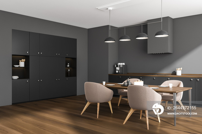 Dark kitchen room interior with dining table, four chairs