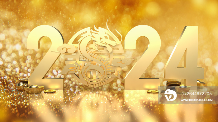 The gold Chinese money and dragon zodiac for 2024 year 3d rendering