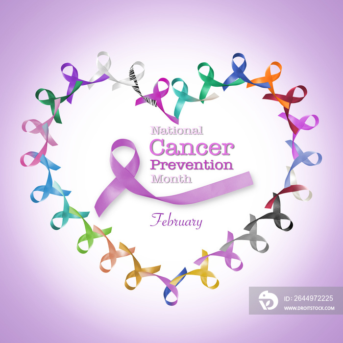 National cancer prevention month February text  in heart cycle of multi-color & lavender purple colour ribbons raising awareness of all kind tumors