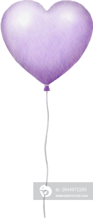 Purple love heart balloon. Hand drawn painted watercolor illustration.