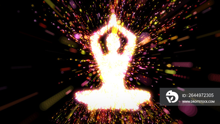 Female figure as silhouette in yoga pose with streams of radiating energy