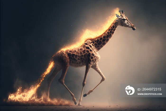 Giraffe running on fire global warming, made by AI, artificial intelligence