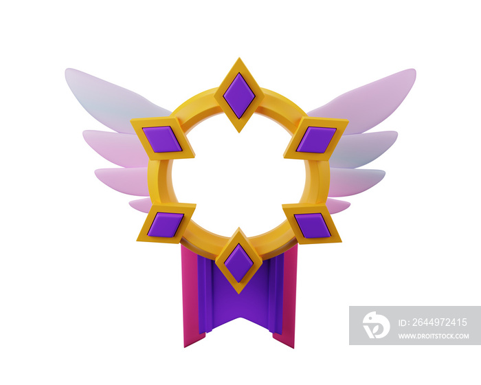 3D avatar frame, cartoon photo border render, game award fantasy badge, golden circle, wings. Ranking winner reward, mobile app RPG user asset, round victory label. Avatar frame UI level up clipart