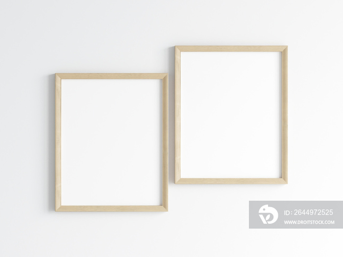 Two wooden frames on the wall, poster mockup, print mockup, 3d render