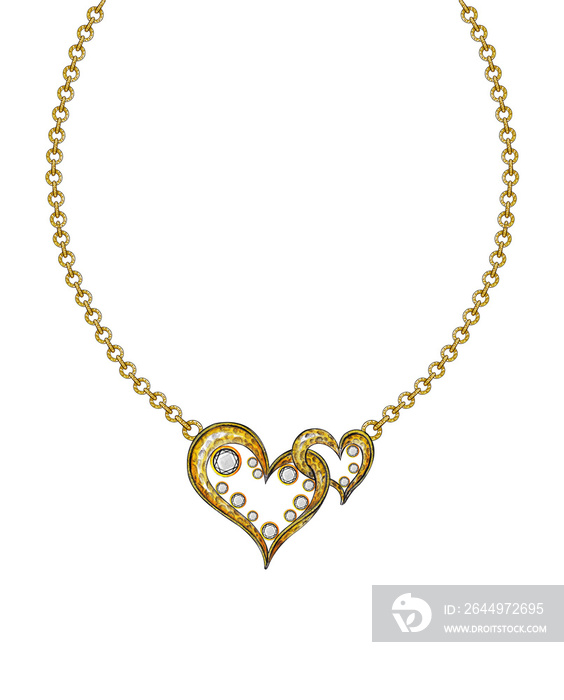 Jewelry design modern art fancy heart gold necklace. Hand drawing and painting on paper.