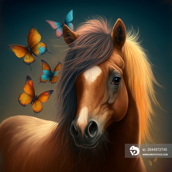 Cute cartoon ponies and butterflies