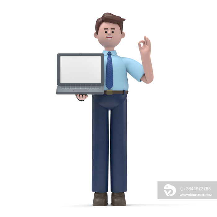 3D illustration of a smiling Asian man Felix  with ok gesture showing business charts at screen laptop computer. Portraits of cartoon characters with okay sign, working in office and analysing infogra