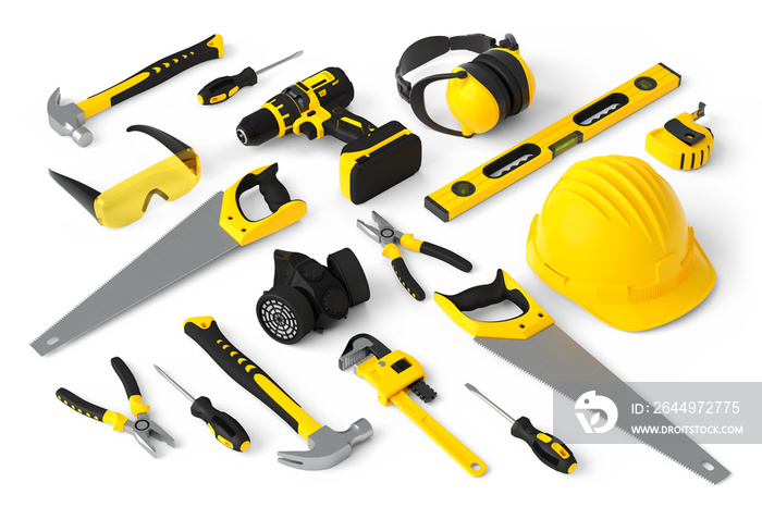 Isometric view of yellow construction tools for repair on white