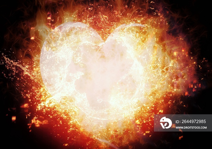 3d illustration of exploding heart shaped flame