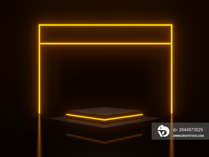 3D black geometric podium with yellow neon lights.