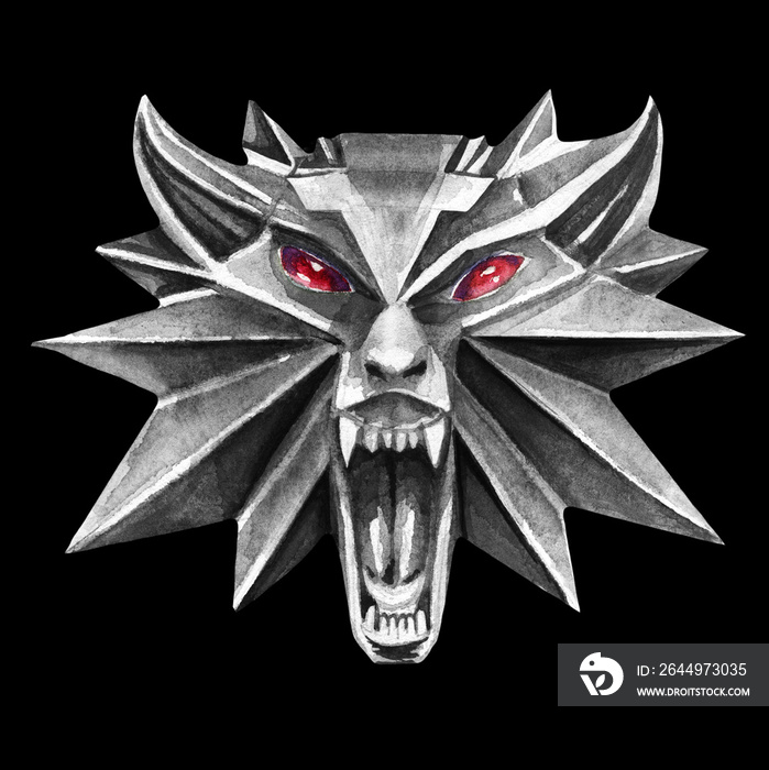 Witcher amulet. Monster Hunter Medal. Pendant wolf in a grin. Silver pendant watercolor drawing on a black background. Glowing eyes of a wolf.