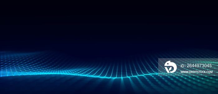 Music wave of particles. Big data visualization. Abstract blue background with a dynamic wave. 3d rendering.