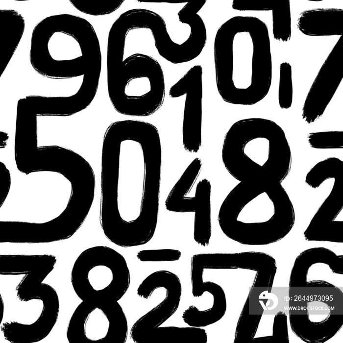 Seamless pattern with hand drawn numbers. Simple kids drawing style. Black and white numbers written with a brush. Handwritten numeral vector texture