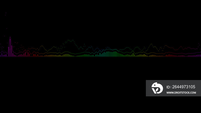 Abstract spectrum line bounce spectral wave design on black background vibrating wave form. Audio spectrum simulation for music futuristic animation.