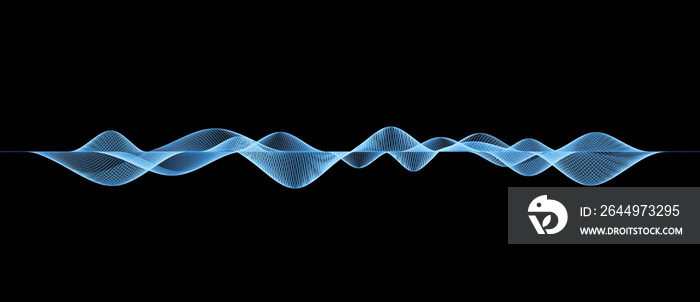 Illustration of smooth blue wireframe sound waves, visualization of frequency signals audio wavelengths, conceptual futuristic technology waveform background with copy space for text