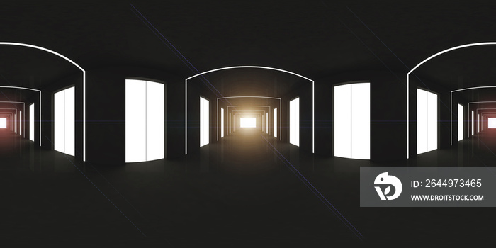 3d spherical 360 degrees,panorama of the corridor interior design (3D rendering),black space area