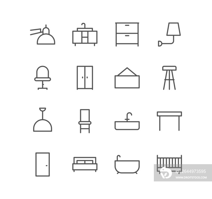 Set of furniture and household icons, door, chair, table, bed and linear variety symbols.