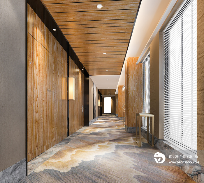 3d rendering modern luxury wood and tile hotel corridor