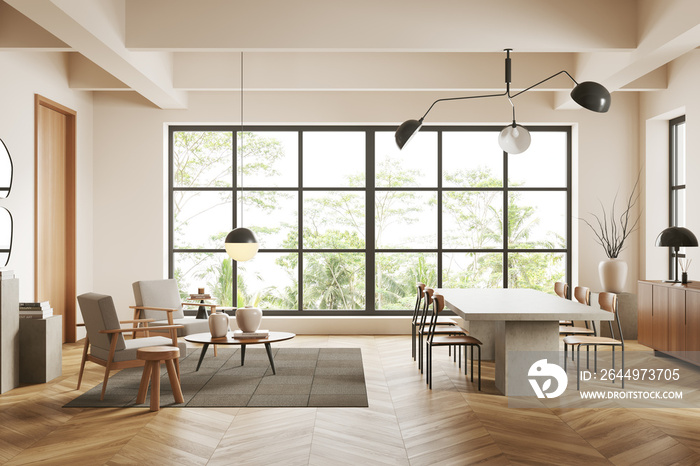 Light living room interior with chairs and table, decoration and panoramic window