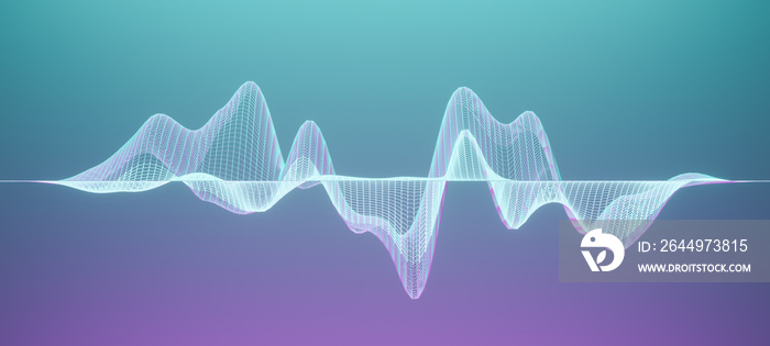 Illustration of abstract purple blue wireframe sound waves, visualization of frequency signals audio wavelengths, conceptual futuristic technology waveform