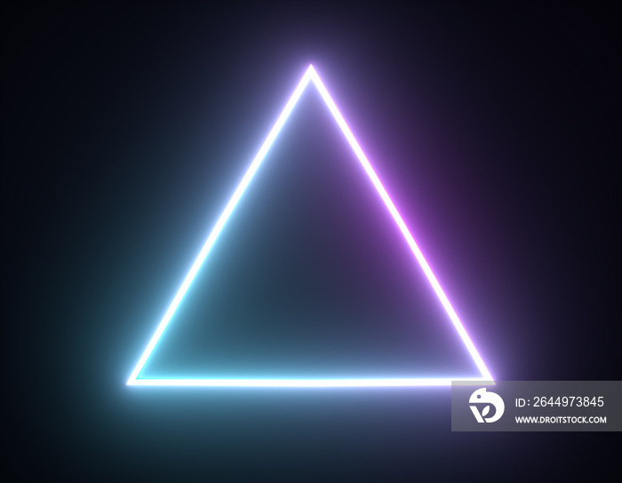 Shiny neon triangle frame, light geometric shapes. 3d render