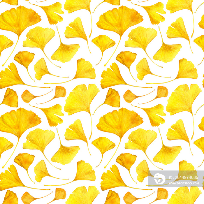 Seamless pattern with Ginko leaves. Hand drawn watercolour illustration. Yellow plants on white background.