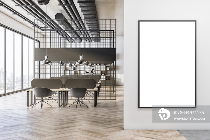 Front view on blank white poster with place for your logo or text on light wall in loft style coworking office with wooden floor, lattice partitions and minimalistic workspaces. 3D rendering, mock up