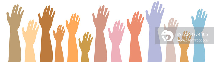 Diversity multi-ethnic and multiracial hands. Group of raised hands of diverse culture standing together in front of the other. Concept racial equality and anti-racism. Png image.