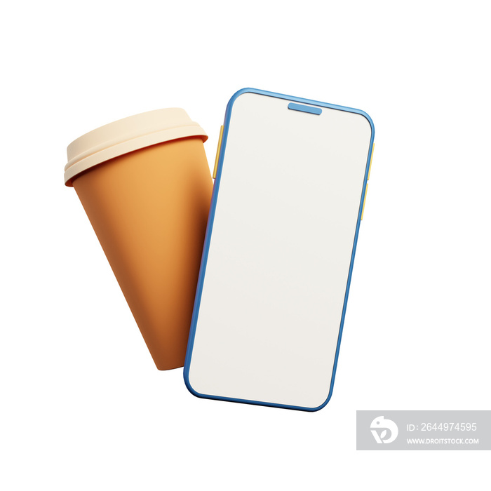 3D Mobile phone with online coffee delivery isolated white background used for banner and cover website. coffee mug, Drinks takeaway food concept, Black Screen 3d rendering illustration.