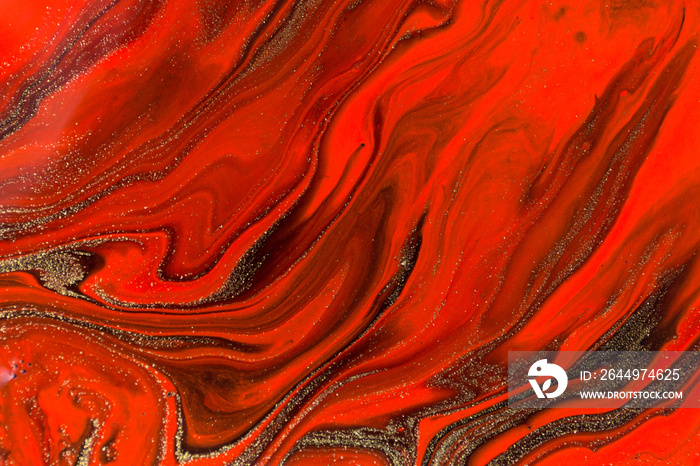 Red, black and gold marble fluid texture.