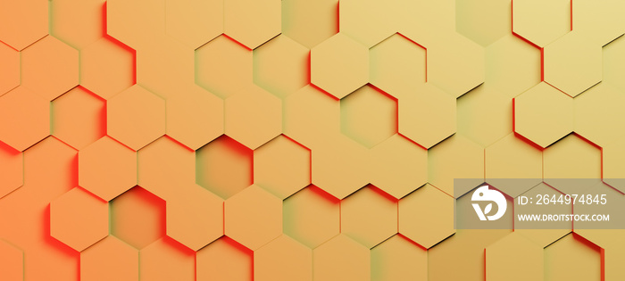 Hexagonal pattern background with orange red hexagons, abstract futuristic geometric backdrop or wallpaper