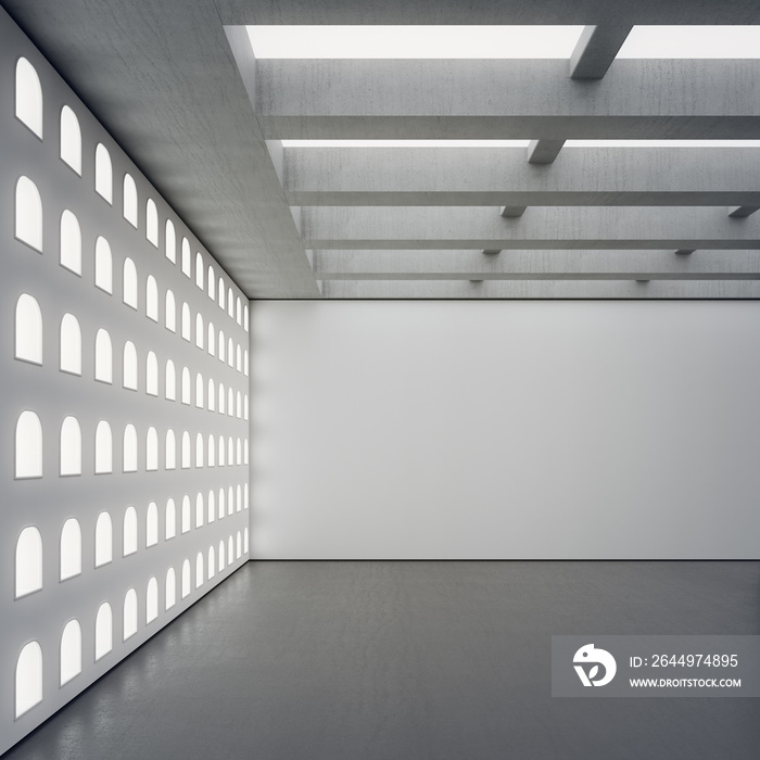 Abstract interior design 3D rendering of modern showroom. Empty floor with white concrete wall background.